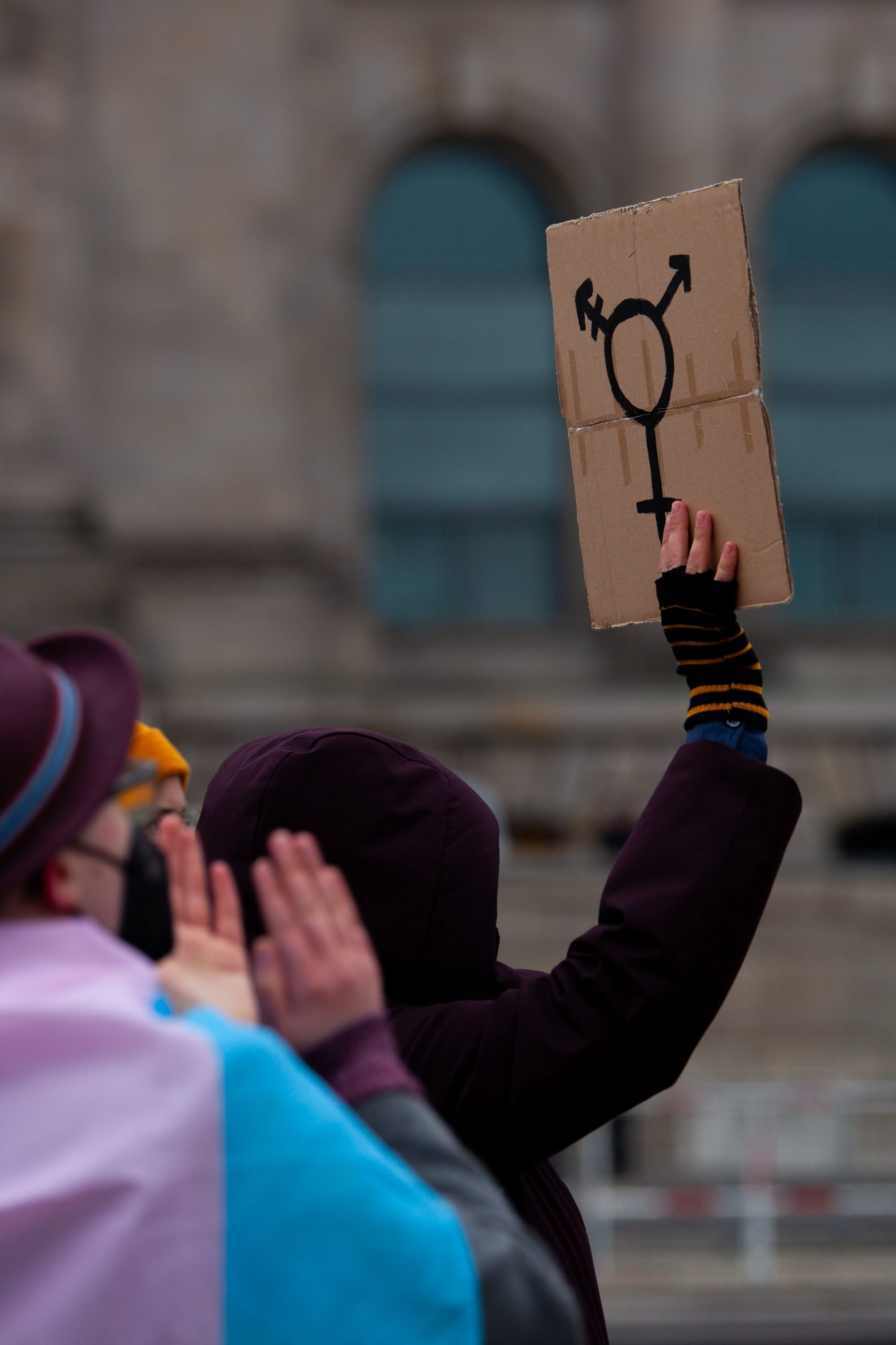 Drei Personen von hinten vor dem Reichstagsgebäude. Eine Person hebt ein Pappstück mit dem Transgender-Symbol hoch. Eine andere Person mit Transflagge klatscht.